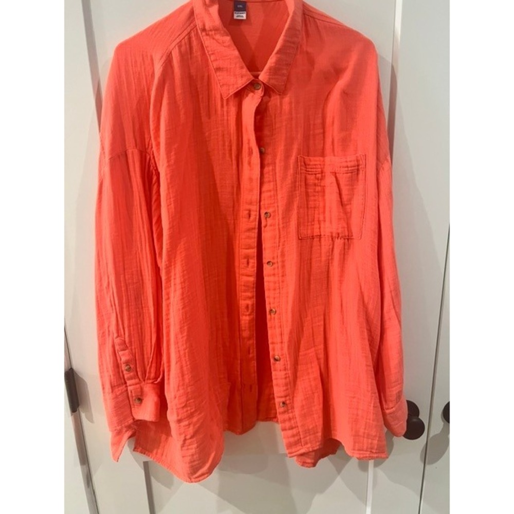 Old Navy Womens XXL Coral Orange Gauze Button Down Shirt Long Sleeve Relaxed Fit
